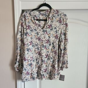 Falls Creek Cream Floral V-Neck Tunic with Pink, Blue and Yellow Accents